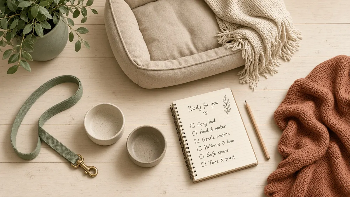 Home-prep flat lay: dog bed, bowls, leash, and a readiness checklist on a wood floor