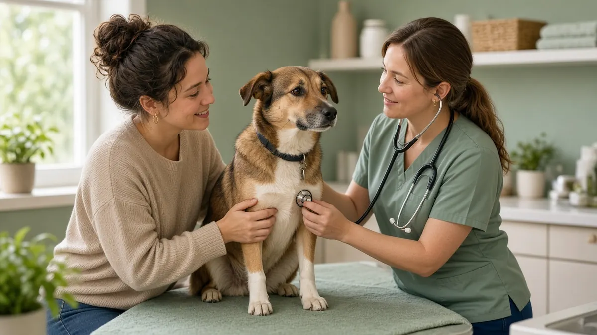 Calm routine vet visit: owner and dog with a friendly clinician using a stethoscope