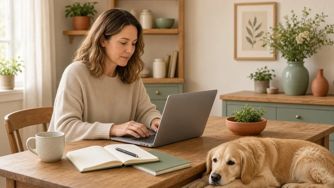 Person reviewing notes on a laptop at home while a calm golden retriever rests nearby