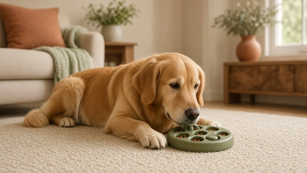 Golden retriever calmly using a puzzle feeder alone in a bright living room