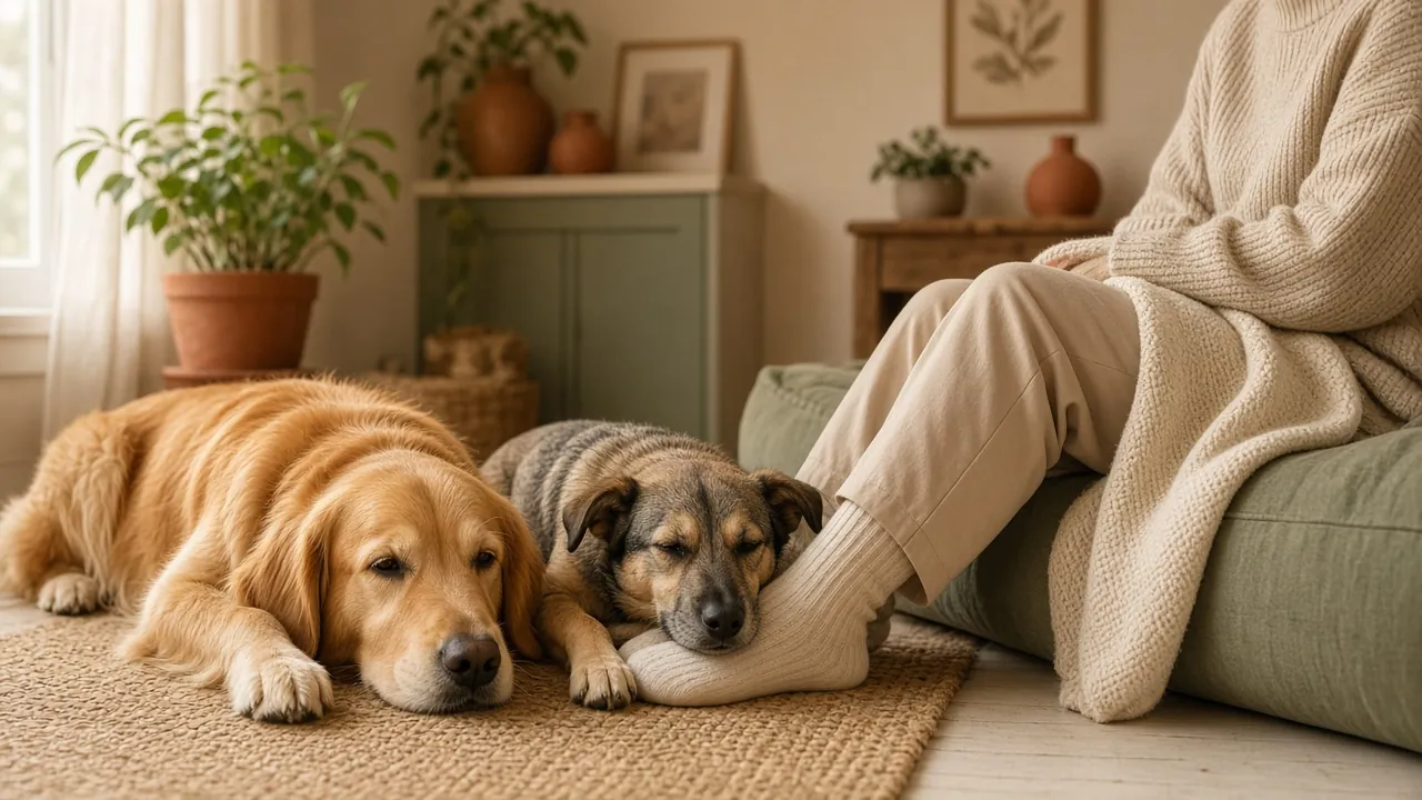 Two calm dogs resting at home beside a person on a cream rug in soft natural light