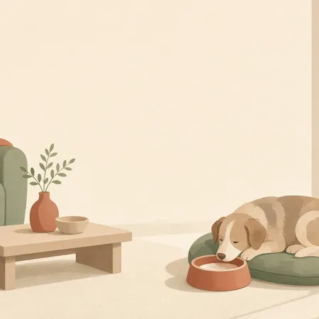 Soft illustration of a cozy home with a sleeping dog