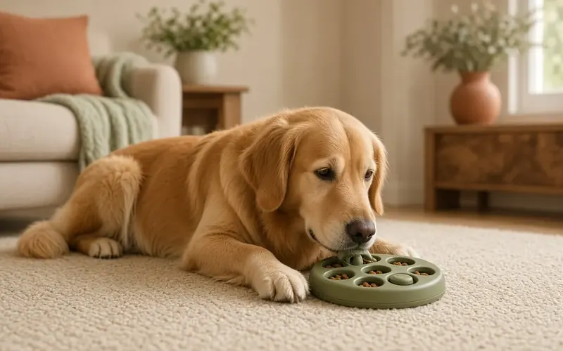 Dog calmly engaged with enrichment while home alone
